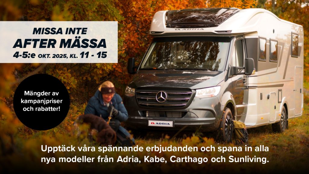 After mässa hos Rudvi Fritid 4–5 oktober 2025. Bild på en Adria husbil i höstmiljö med information om kampanjpriser, rabatter och nya modeller från Adria, Kabe, Carthago och Sunliving.
